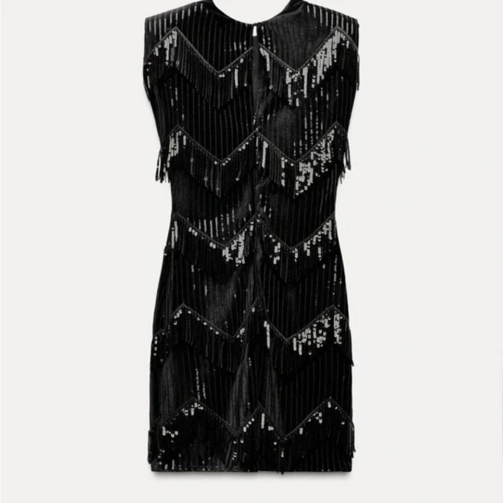 ZARA FRINGED SEQUIN VELVET DRESS